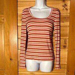 NWT LOFT Striped Scoop neck Long Sleeve Red & Gray Jersey Knit Shirt Top Size XS